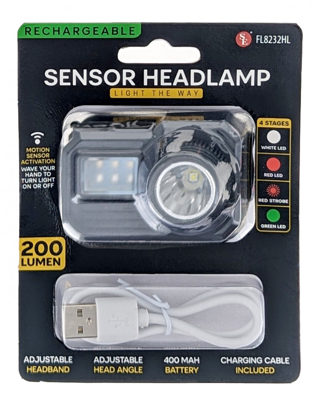 Hodelykt, 200 lumen og oppladbar. Av/på sensor.