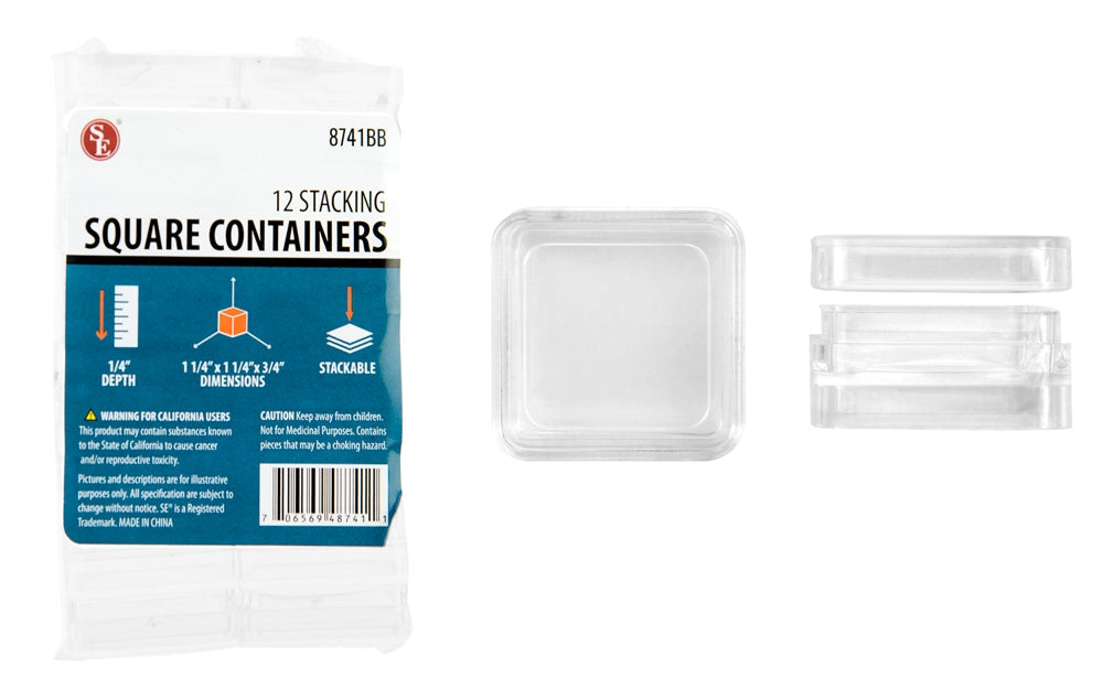 Plastkontainere med lokk, 12 stk. Innvendig mål 25 x 25mm. 10mm dybde