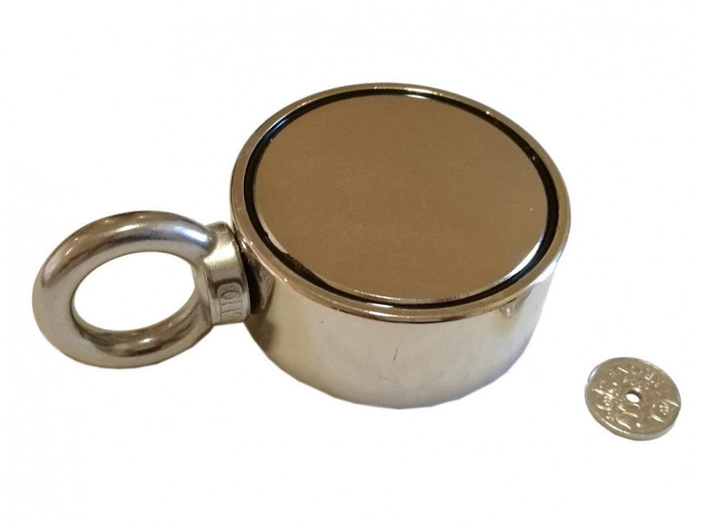 Supermagnet med øyebolt, 150 kg (x2) løftekraft. Festepunkt kun på siden