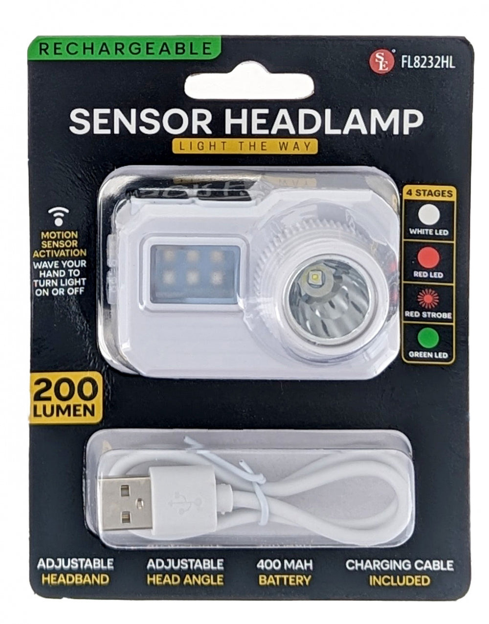 Hodelykt, 200 lumen og oppladbar. Av/på sensor.