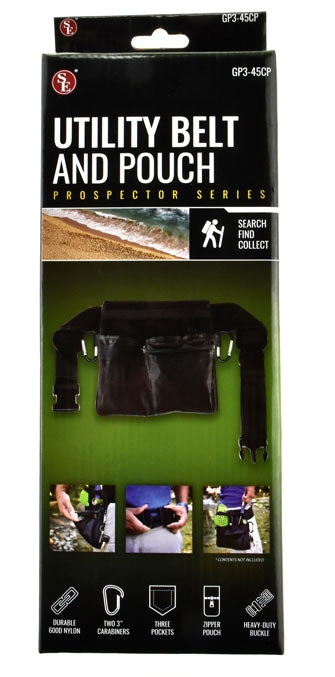 Funnveske med 3 lommer (en med glidelås), 2 karabinkroker. Solid denier nylon materiale.