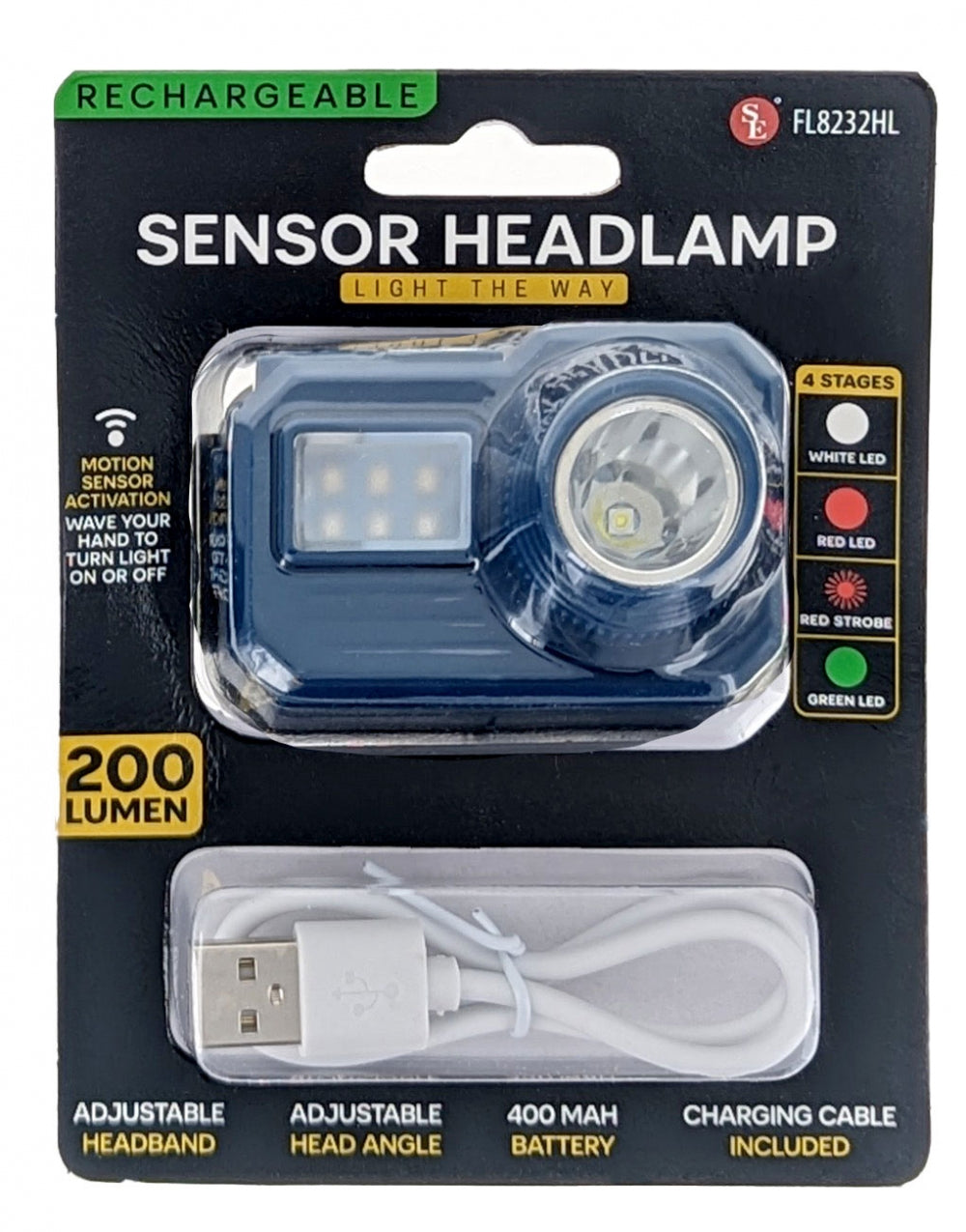 Hodelykt, 200 lumen og oppladbar. Av/på sensor.