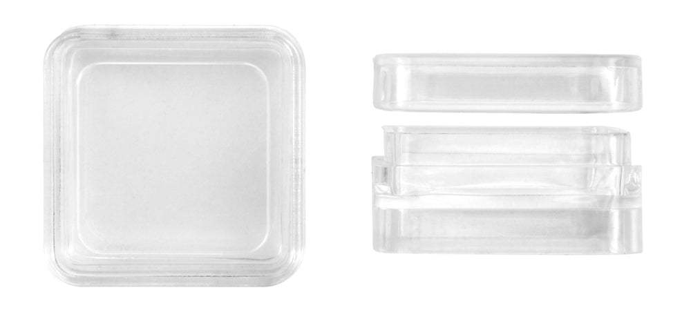 Plastkontainere med lokk, 12 stk. Innvendig mål 25 x 25mm. 10mm dybde
