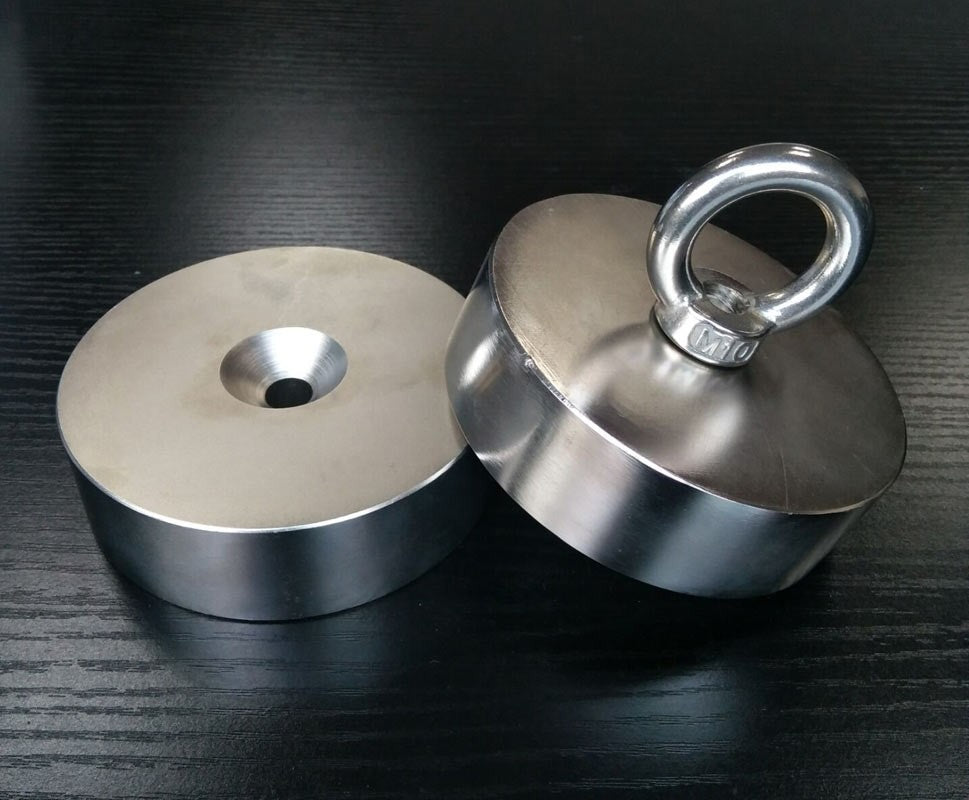 Supermagnet uten stålhus. Ren magnet, tiltrekning alle retninger. Ca 250 kg styrke. Med øyebolt