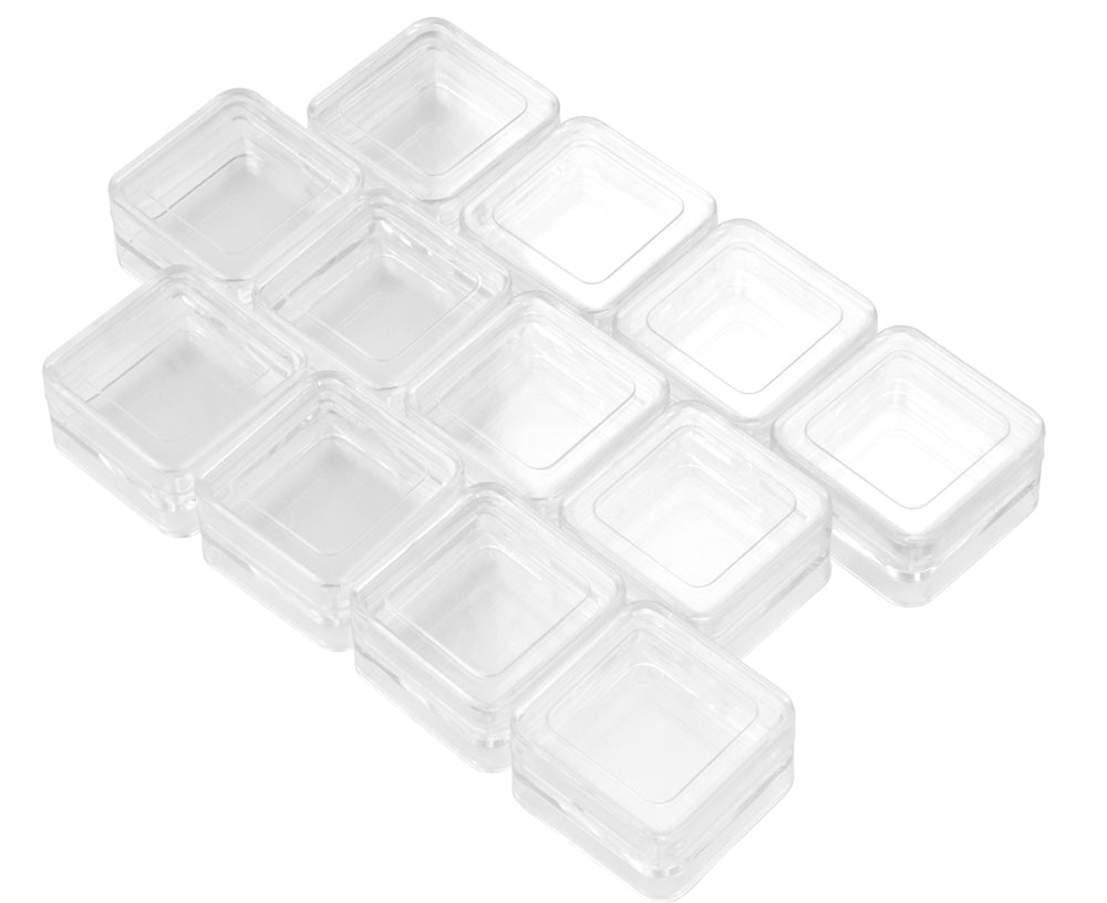 Plastkontainere med lokk, 12 stk. Innvendig mål 25 x 25mm. 10mm dybde